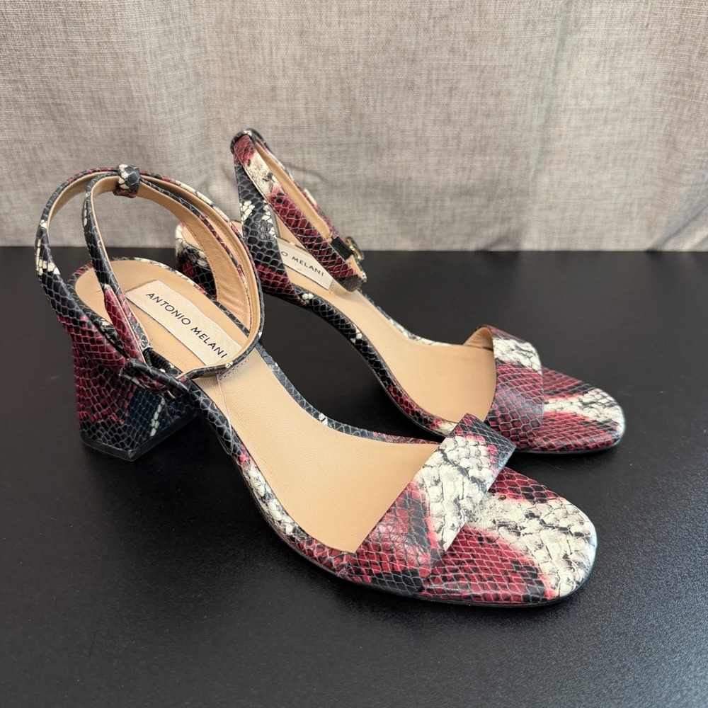 Antonio Melani Gwyn Block Heels Sandals Women's 8M Red Black Leather Snake Print